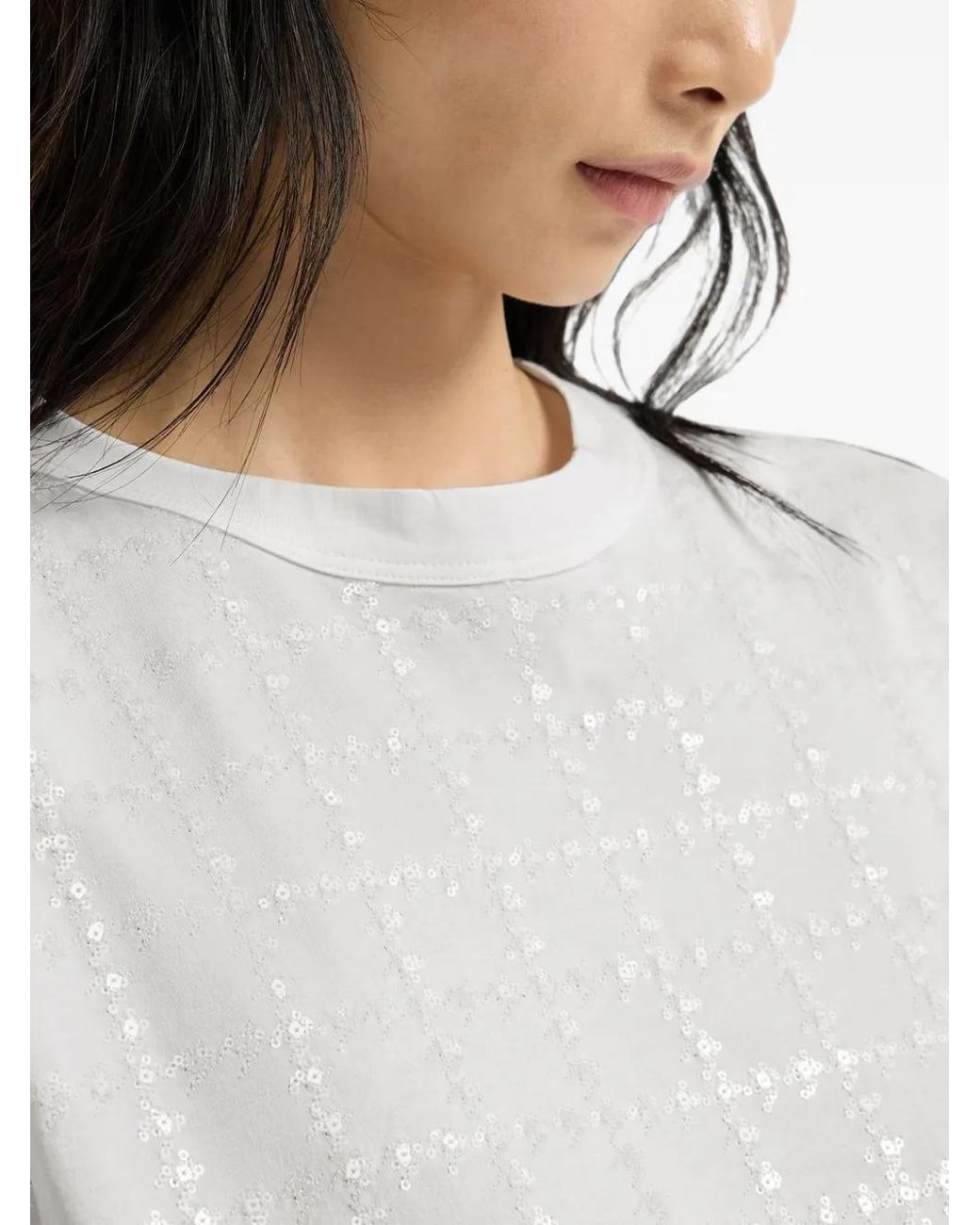 Brunello Cucinelli White Cotton Jersey T-Shirt With Dazzling Windowpane Embroidery