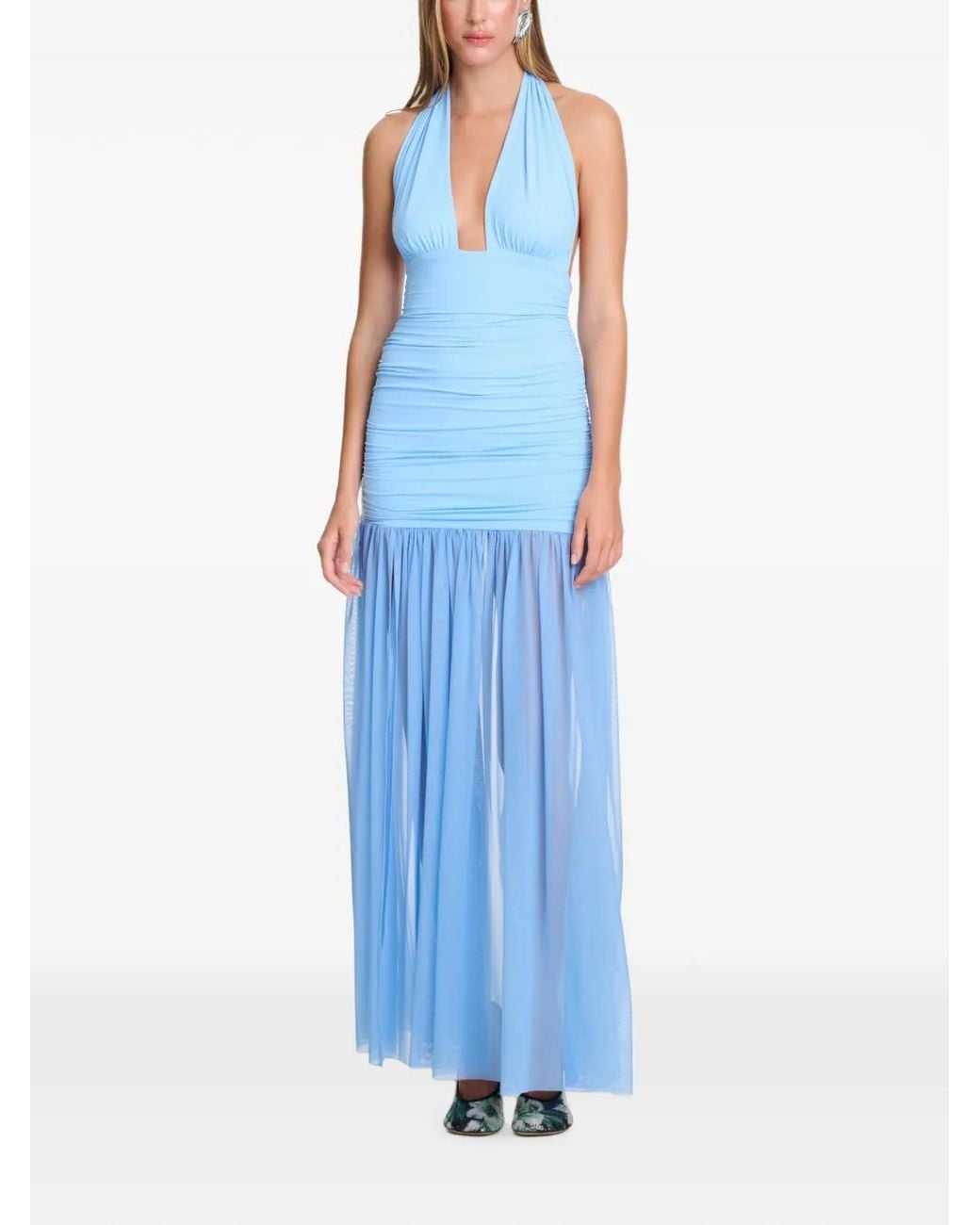 Axel 113 Blue Stasi Ruched Halterneck Sheer-Skirt Flared Maxi Dress