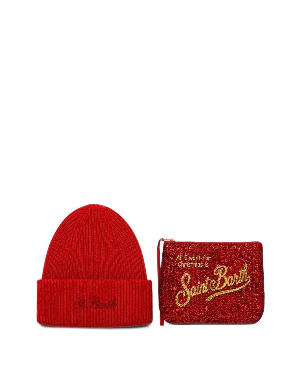 Mc2 Saint Barth Red Pochette With Merry Christmas Embroidery And Beanie Set