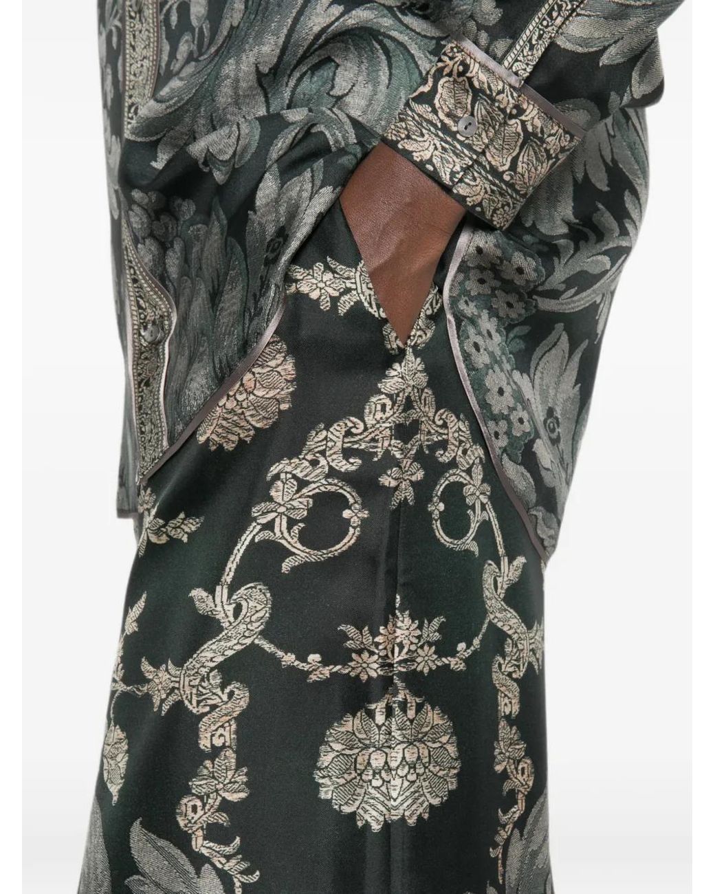Pierre Louis Mascia Black Aloe Botanical-Print Silk Palazzo Pants