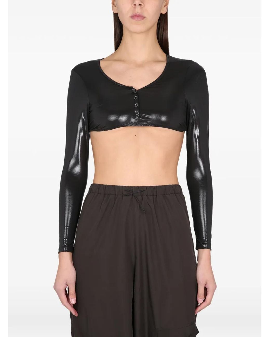 NOT AFTER TEN Black Buttoned Long-Sleeve Cropped Top