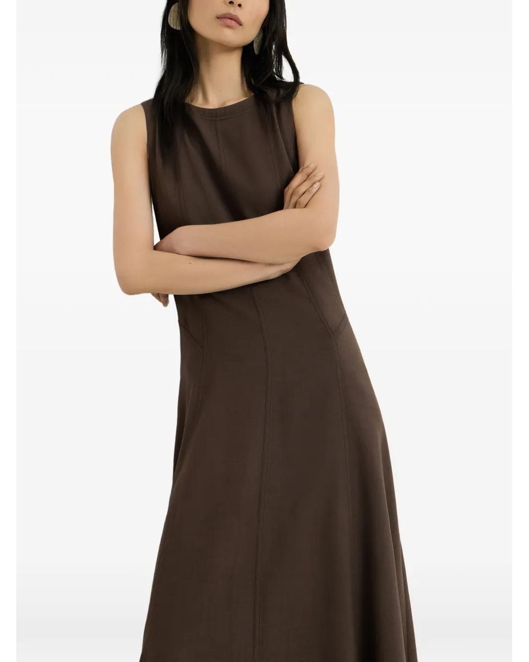 Brunello Cucinelli Brown Virgin-Wool Fluid Twill Flared Dress