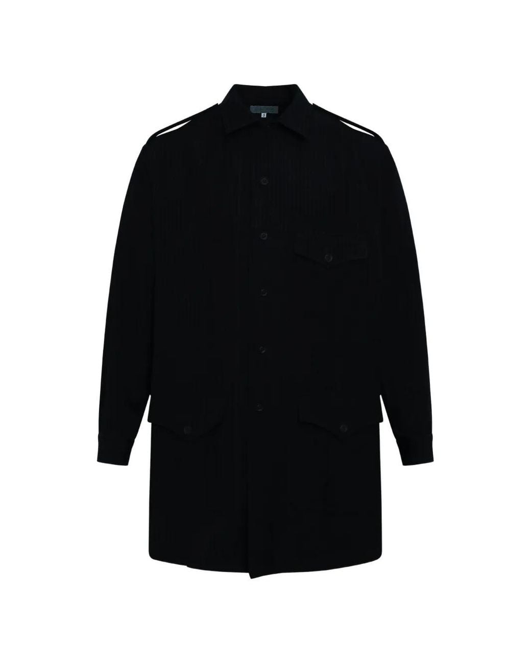Yohji Yamamoto Black Pinstripe-Pattern Epaulette Coat for men