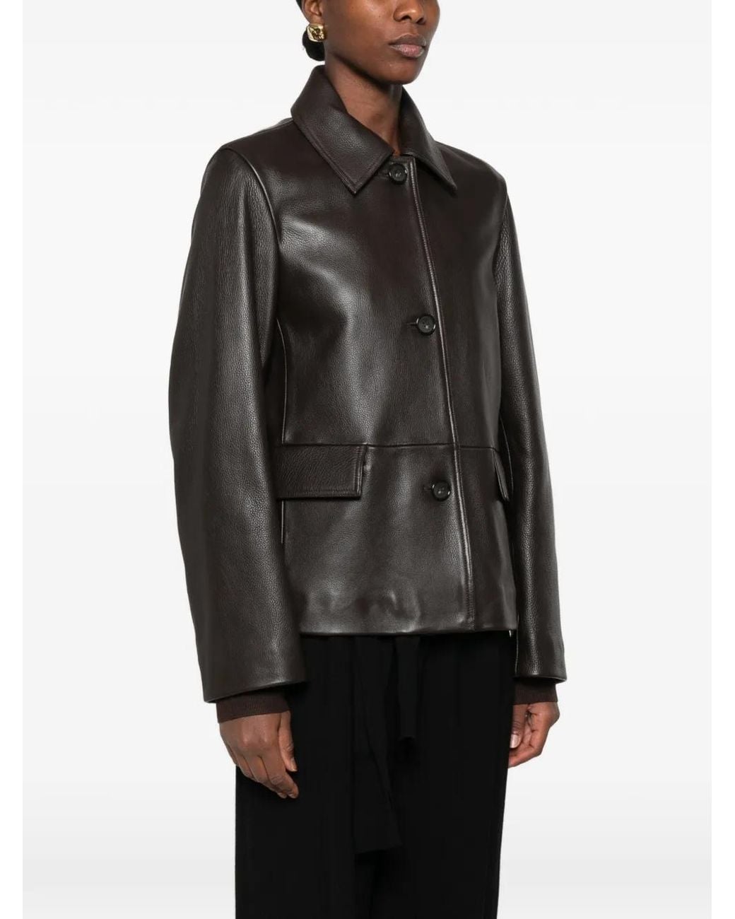 Totême Black Collared Grained-Leather Jacket