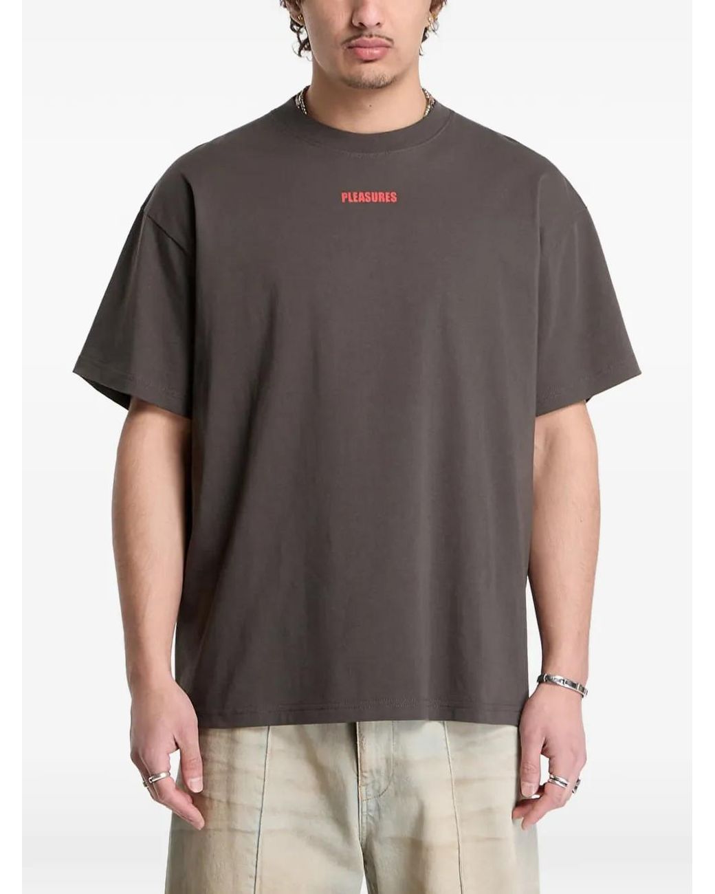 Pleasures Gray Logo-Print Drop-Shoulder T-Shirt for men