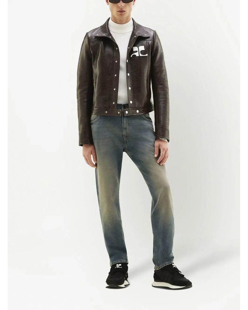 Courreges Black Structured Faux-Leather Jacket With Logo Patch for men