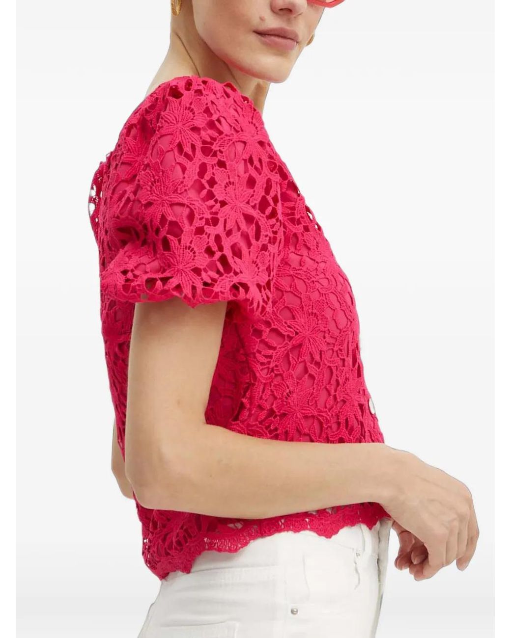 Morgan Red Oria Floral-Lace V-Neck Top