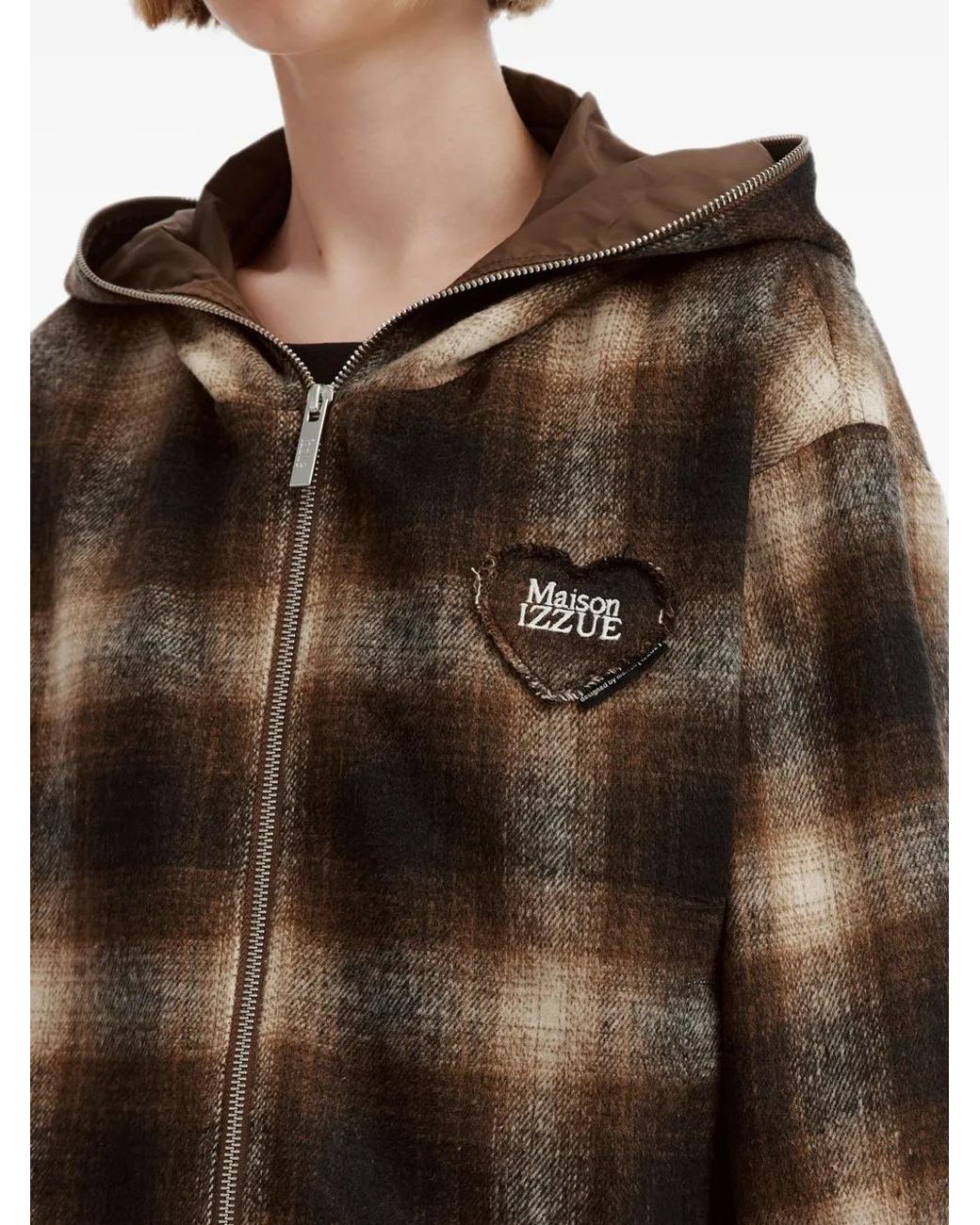 Izzue Brown Check-Pattern Heart-Patch Cropped Jacket