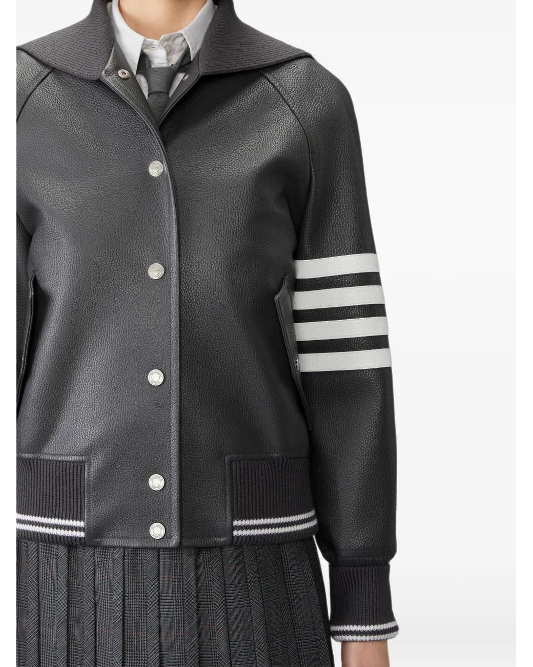 Thom Browne Gray Leather 4-Bar Oversized Blouson Jacket