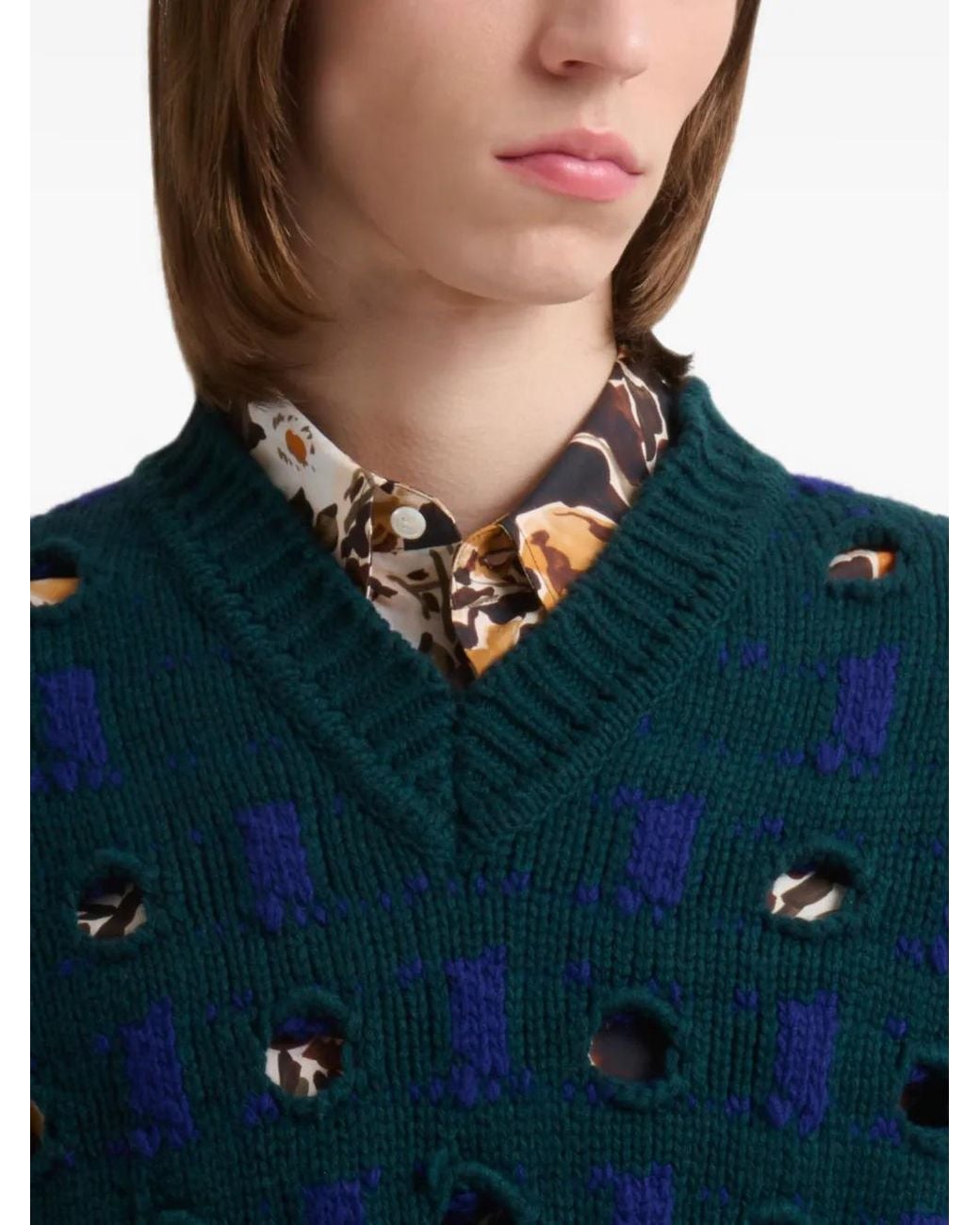 Marni Blue Wool-Cashmere Sweater With Cut-Out Polka Dots for men