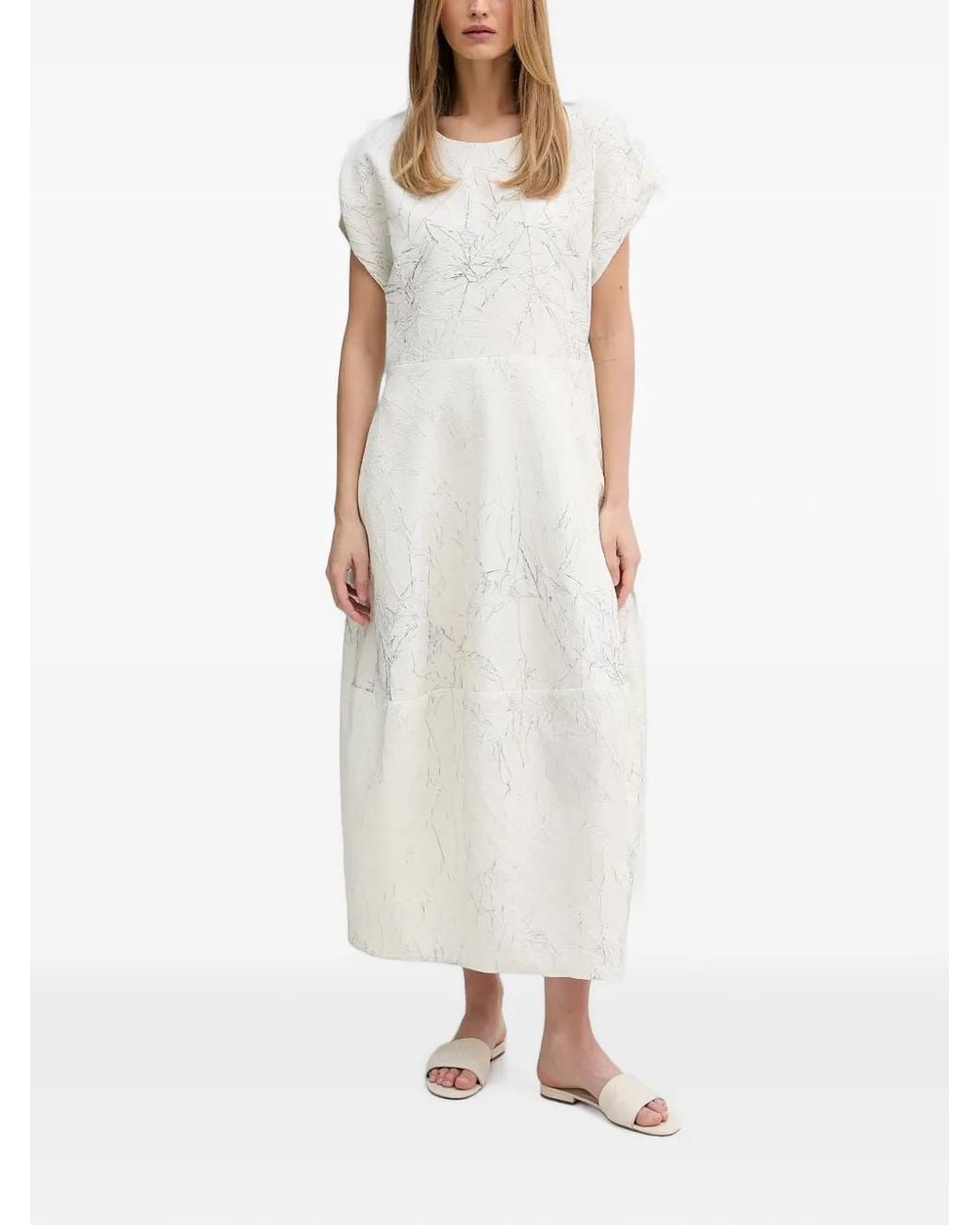 Joseph Ribkoff White Crinkled-Effect Short-Sleeved Midi Dress