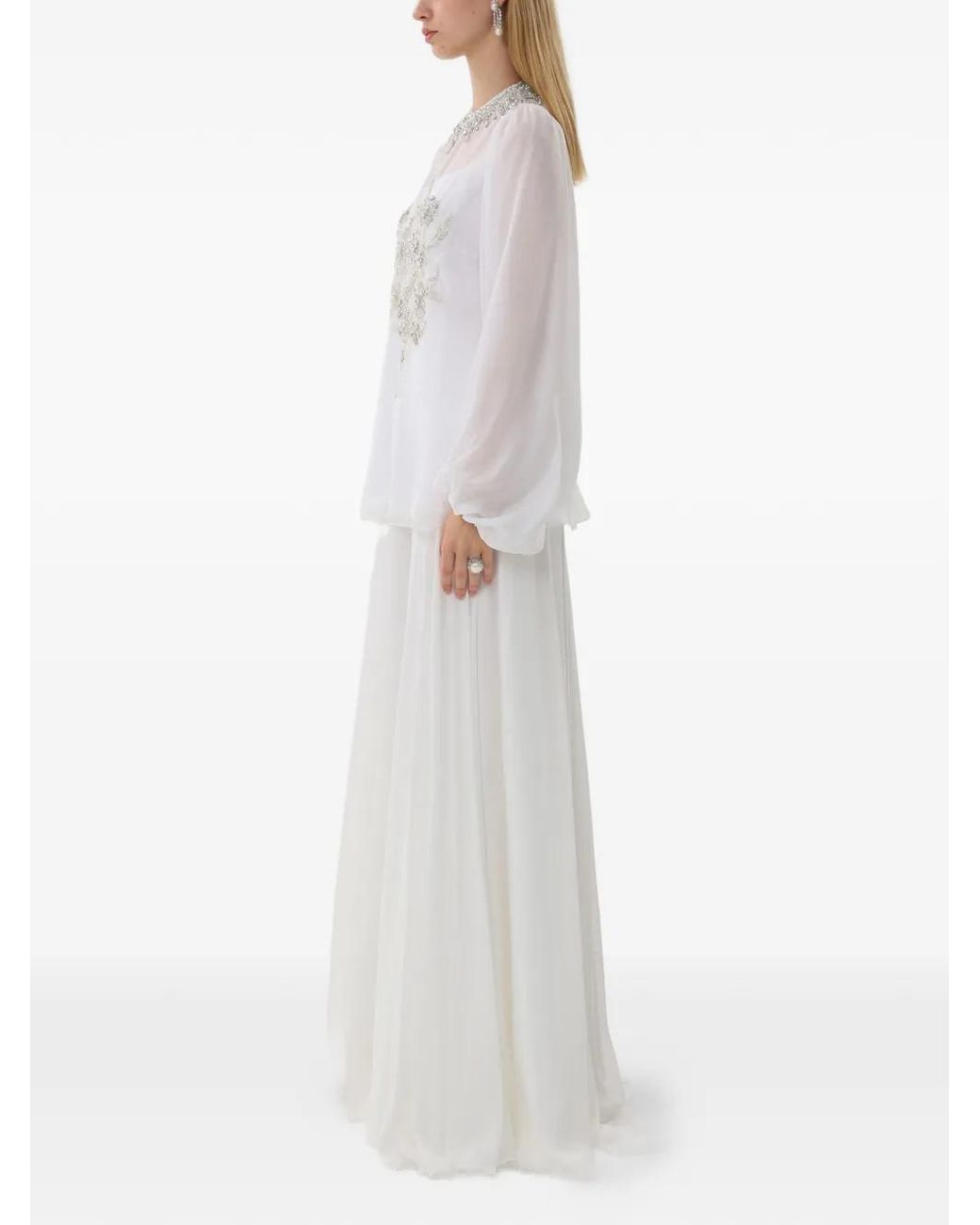 Dina Melwani Gray Floral Crystal-Embellished Maxi Dress