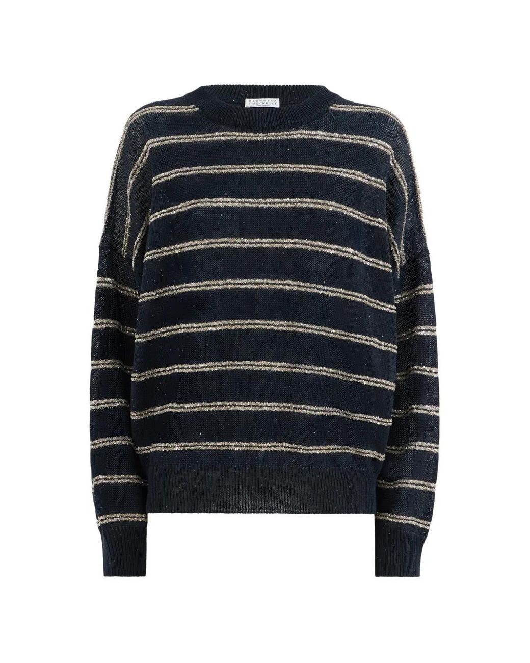 Brunello Cucinelli Blue Linen And Cotton Sweater With Dazzling Double Stripes