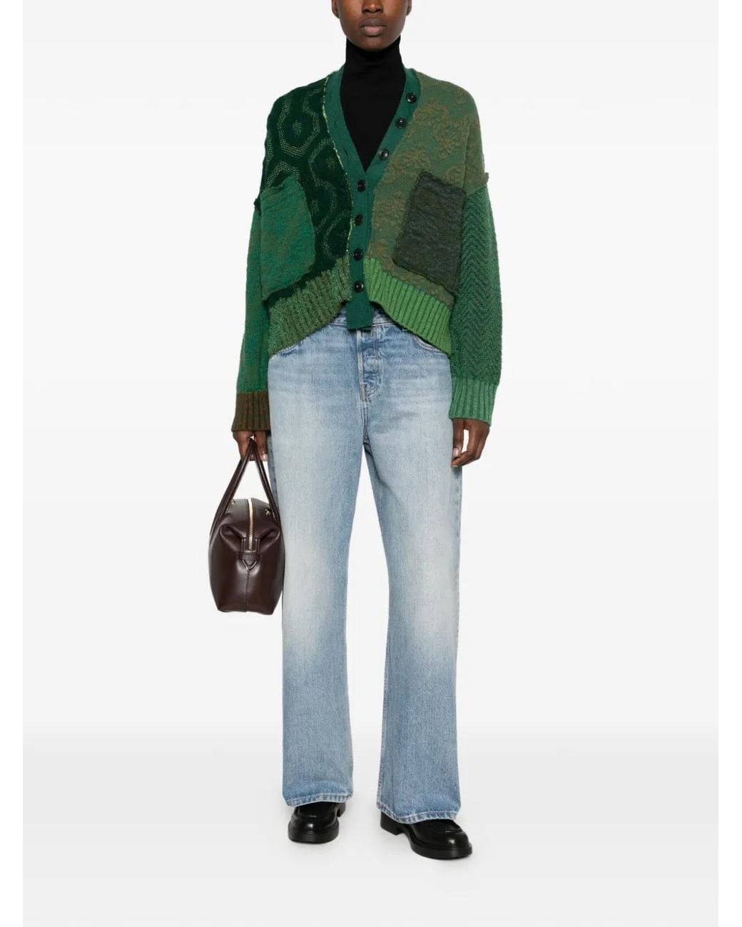 ESSENSI Green Iris Patchwork V-Neck Cardigan