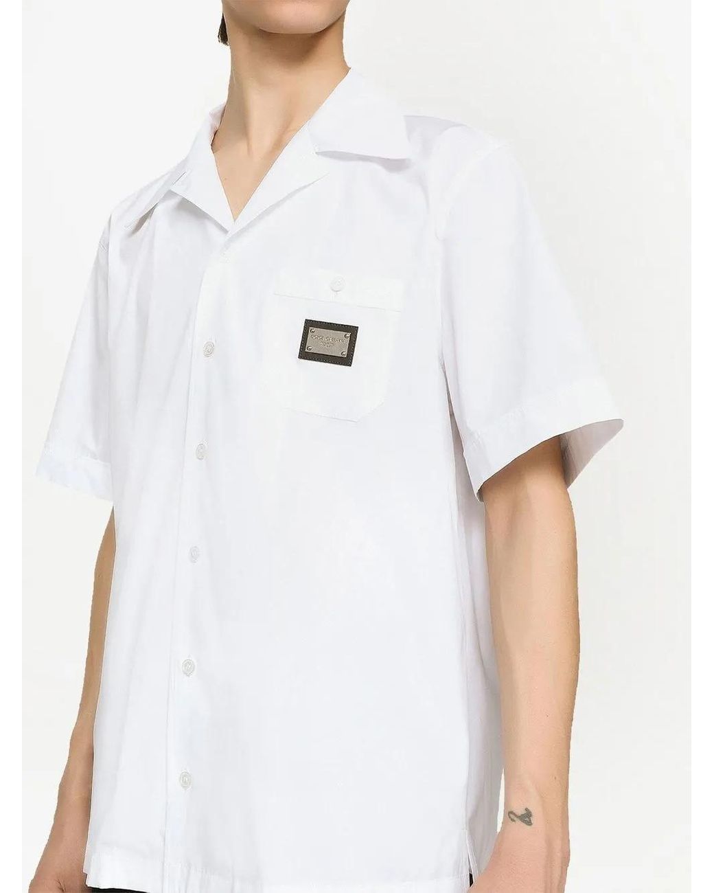 Dolce & Gabbana White Logo-Tag Cotton Bowling Shirt for men