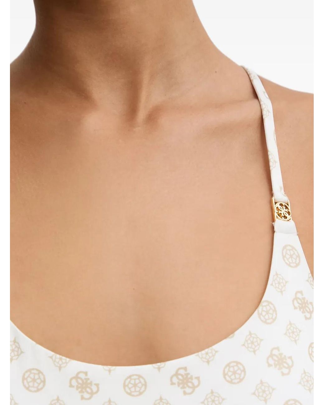 Guess White Logo-Print Cut-Out Swimsuit