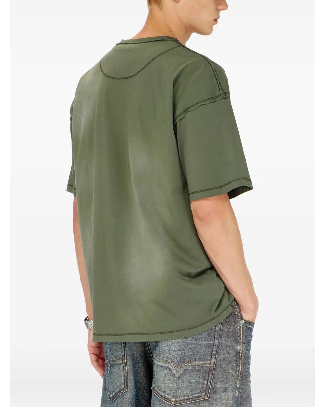DIESEL Green Faded T-Shirt With Ripped Pocket Detail for men