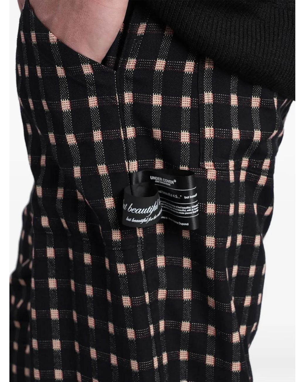 Undercover Black Check-Pattern Logo-Patch Trousers for men