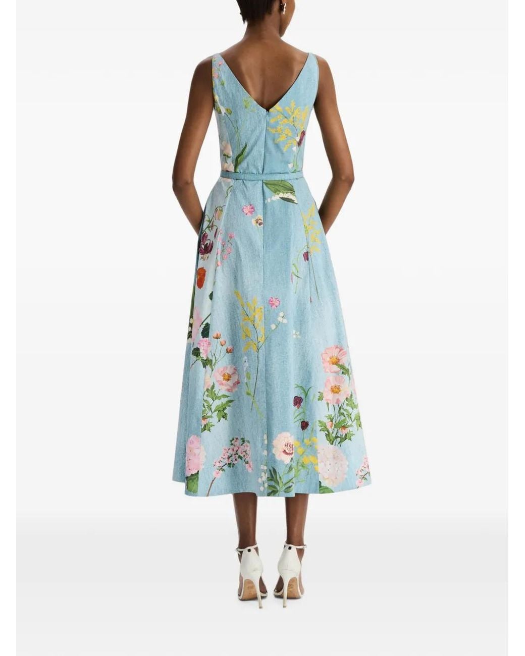 Oscar de la Renta Blue Mixed Botanical Cotton Poplin Dress