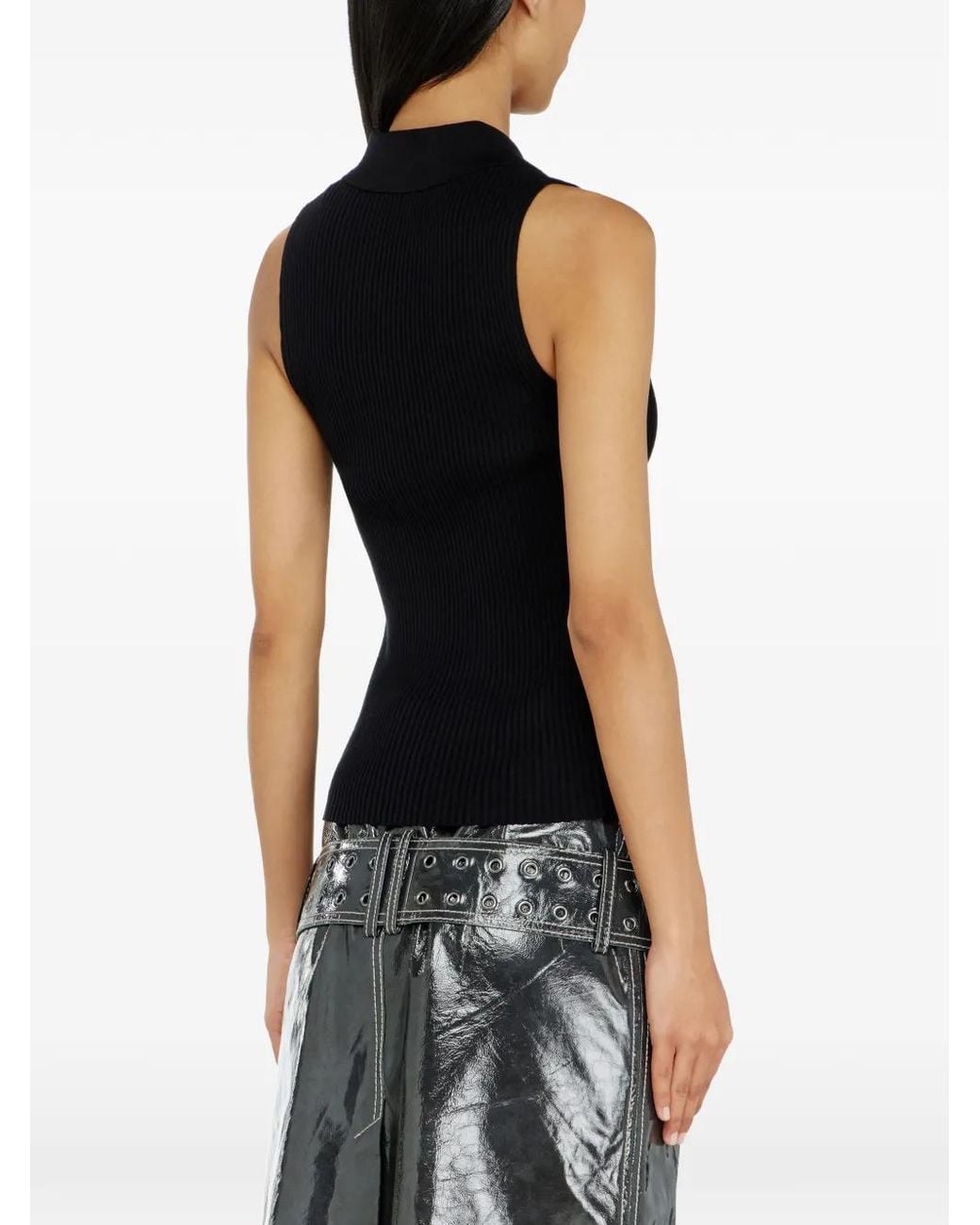 DIESEL Black Sleeveless Rib-Knit Polo Top