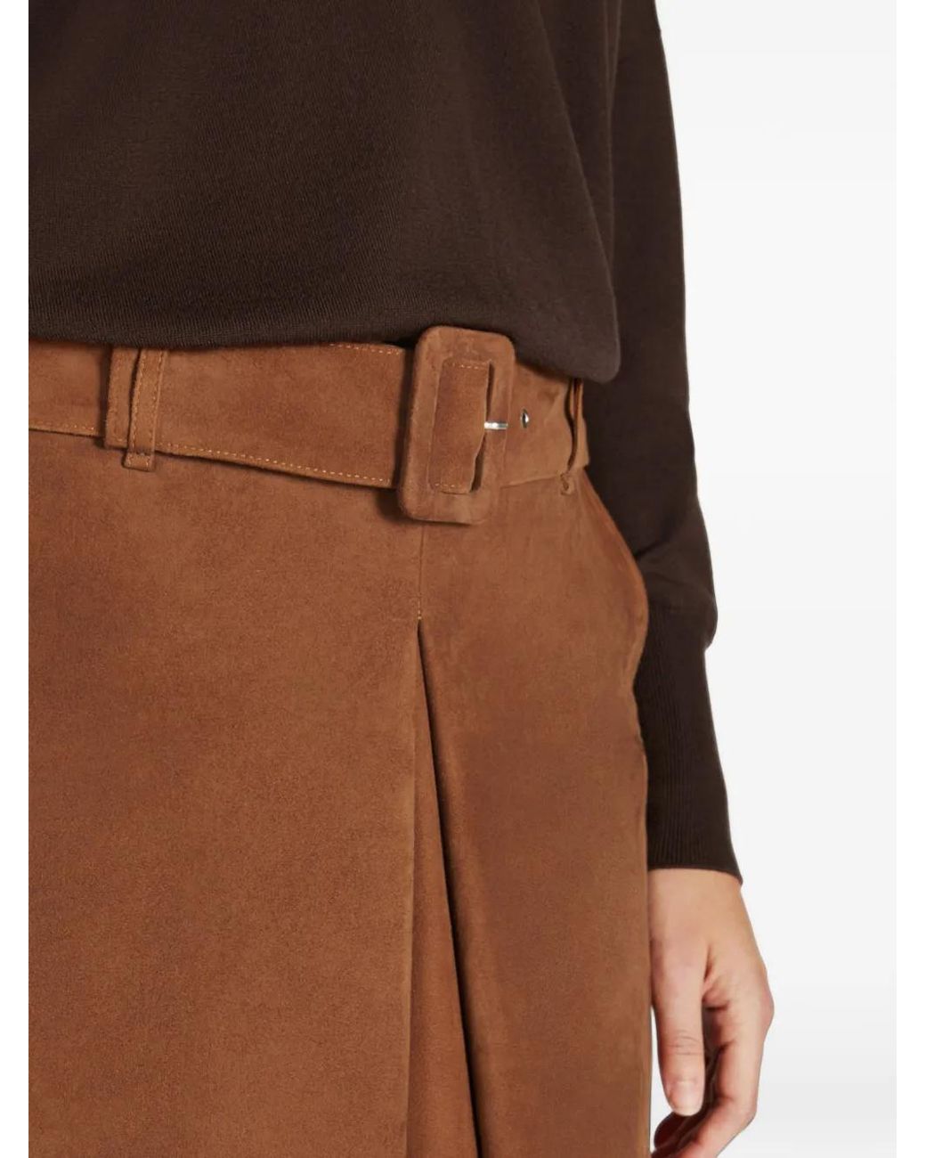 Slowear Brown Belted Box-Pleat Midi Skirt