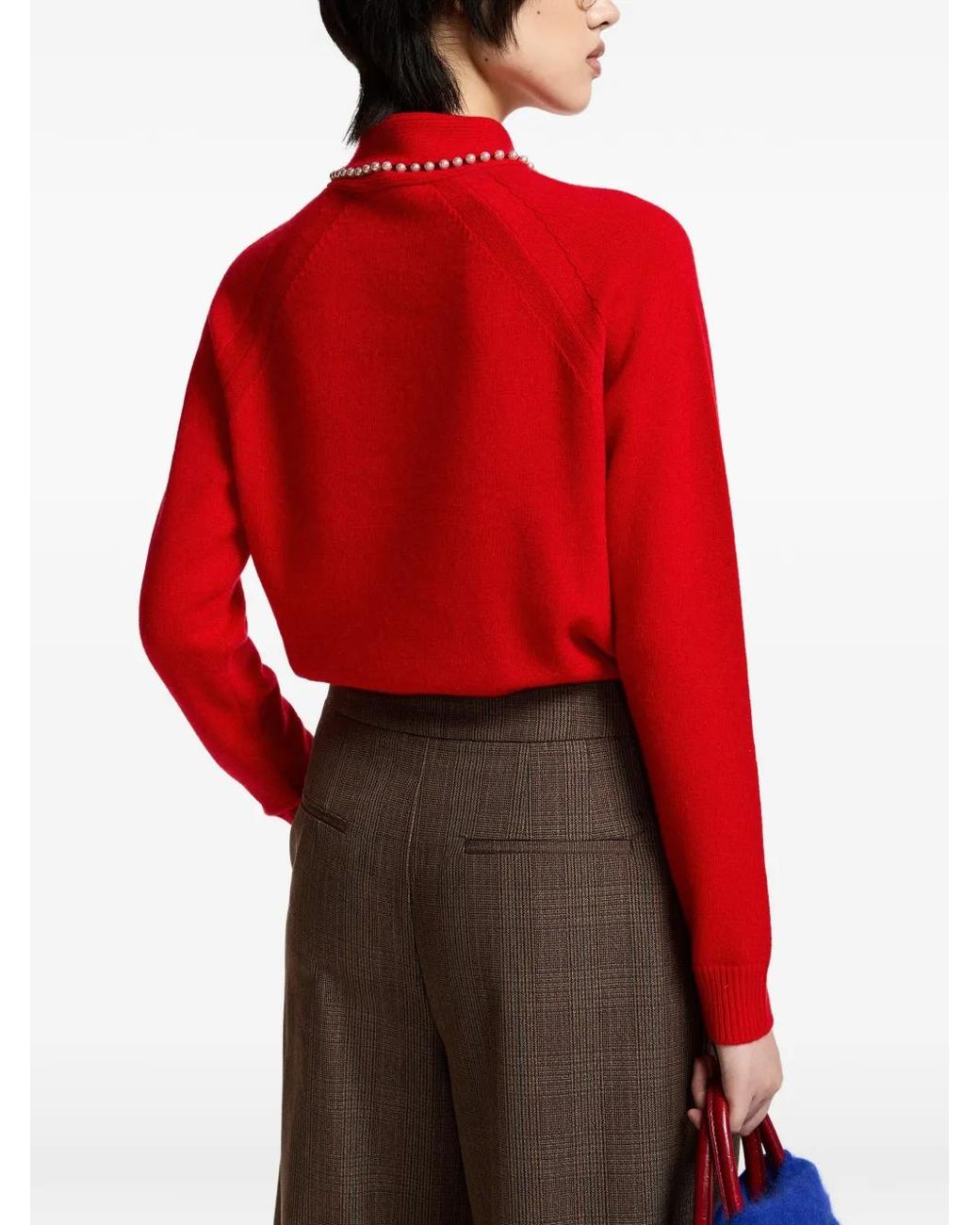 Essentiel Antwerp Red Pearl-Embellished Bow-Collar Sweater