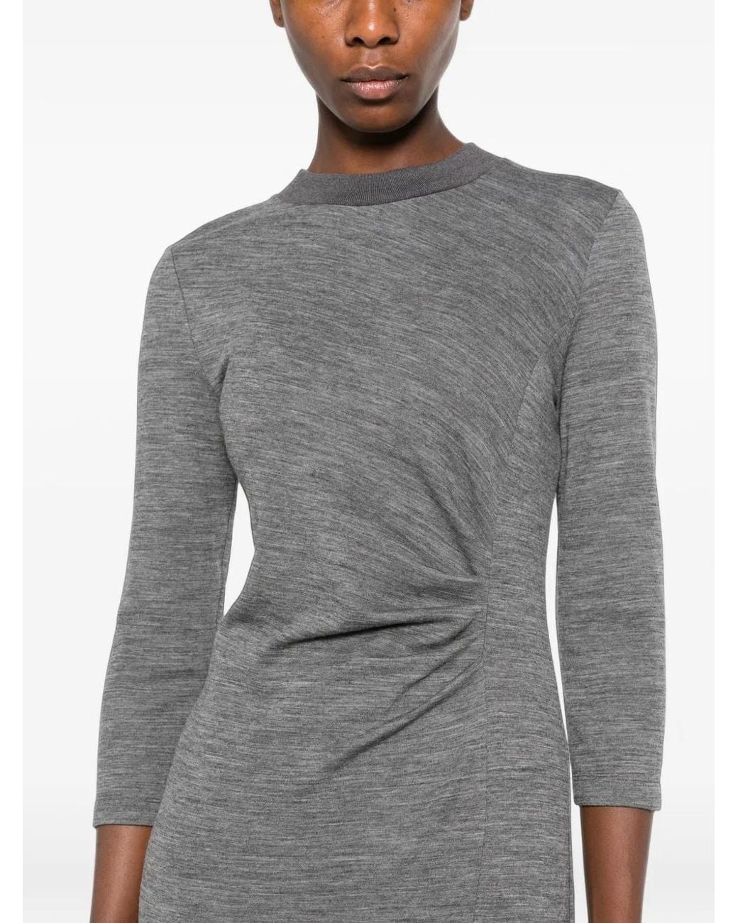 Peserico Gray Gathered Long-Sleeve Midi Dress