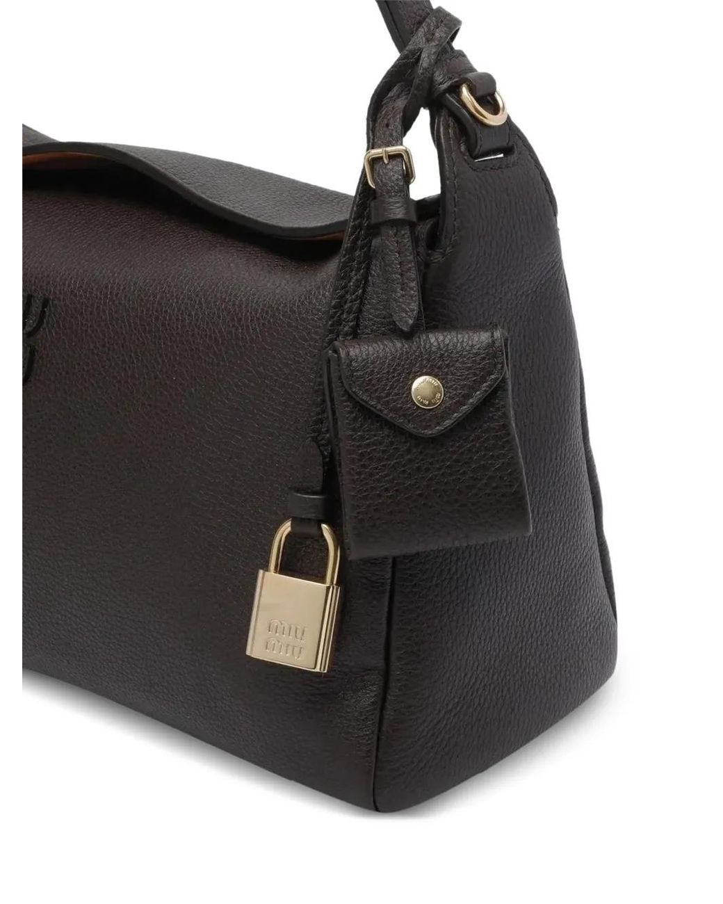 Miu Miu Black Logo Lettering Padlock Detail Leather Shoulder Bag