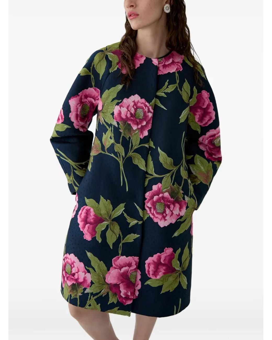 Carolina Herrera White Peony Jacquard Cocoon Coat