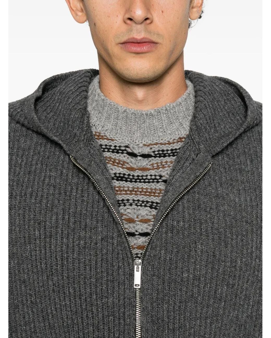 LC23 Gray Ribbed-Knit Zip-Up Hoodie Sweater for men