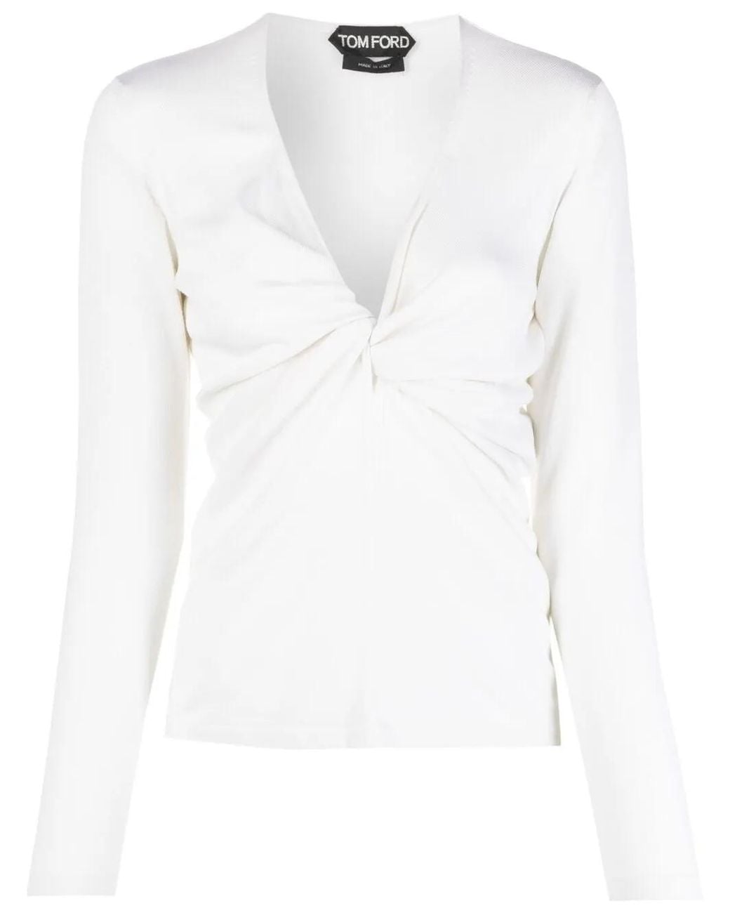 Tom Ford White Plunge-Neck Twist-Detail Knitted Top