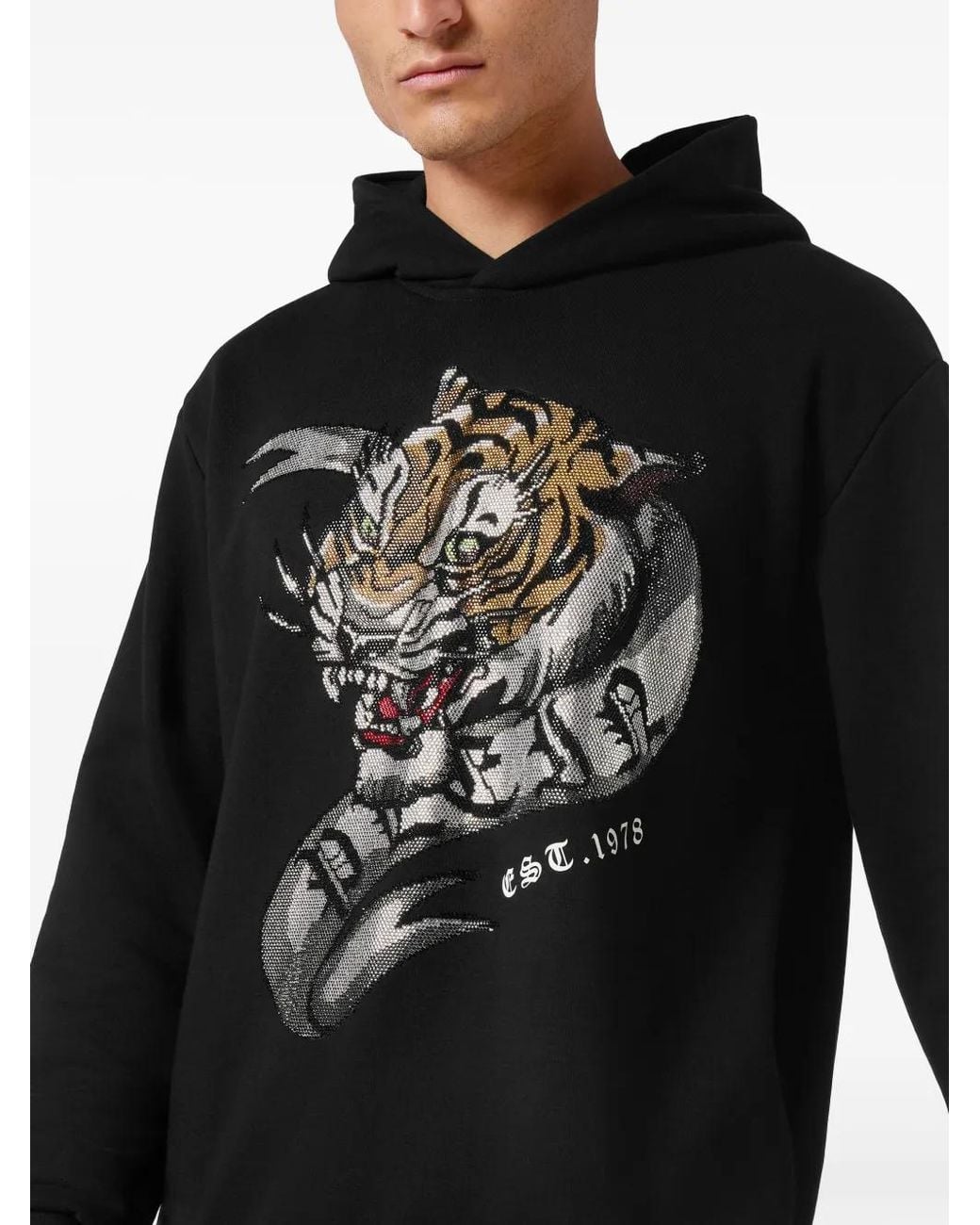 Philipp Plein Black Crystal Tattoo Hoodie for men
