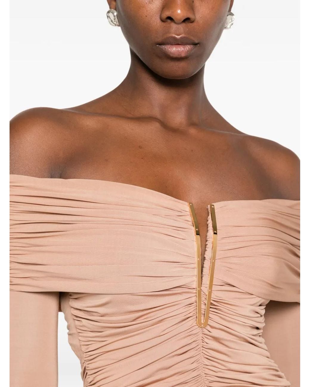 Elisabetta Franchi White Ruched Off-Shoulder Maxi Dress
