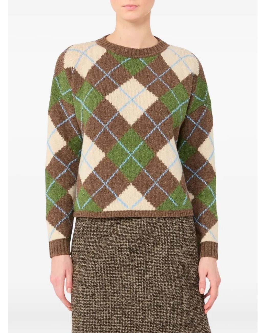 Weekend by Maxmara Green Jacquard-Knit Argyle Sweater