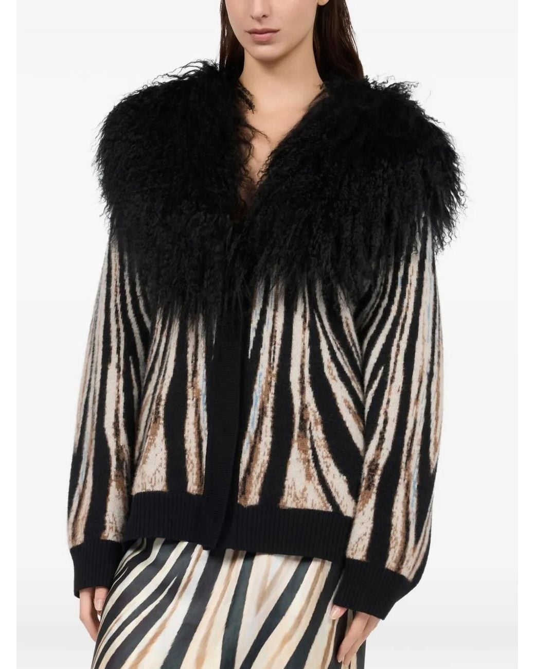Roberto Cavalli Black Zebra-Print Shearling-Collar Cardigan