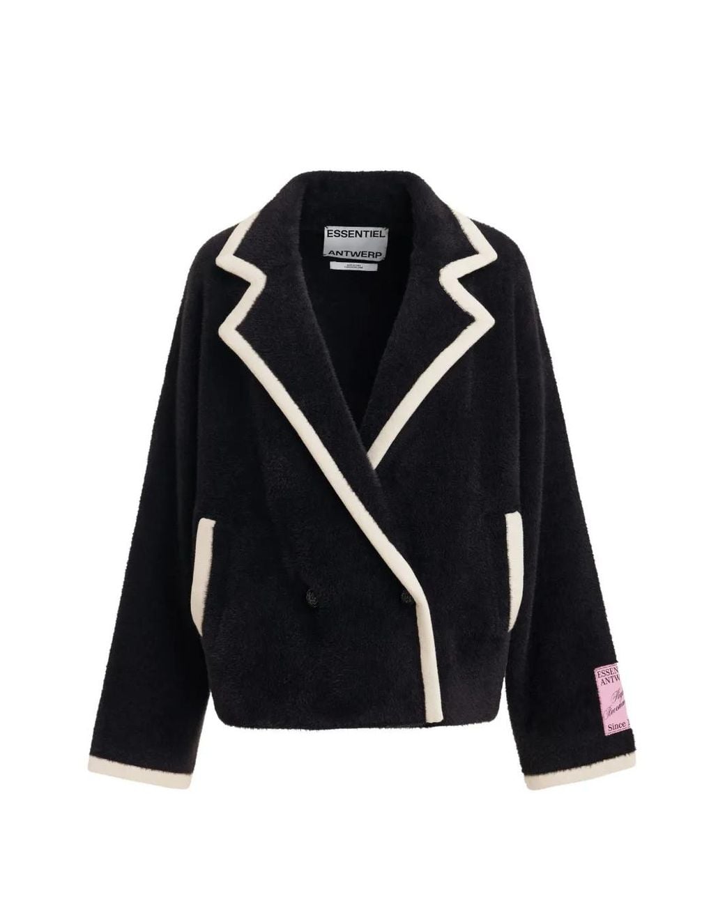 Essentiel Antwerp Black Double-Breasted Faux-Shearling Jacket