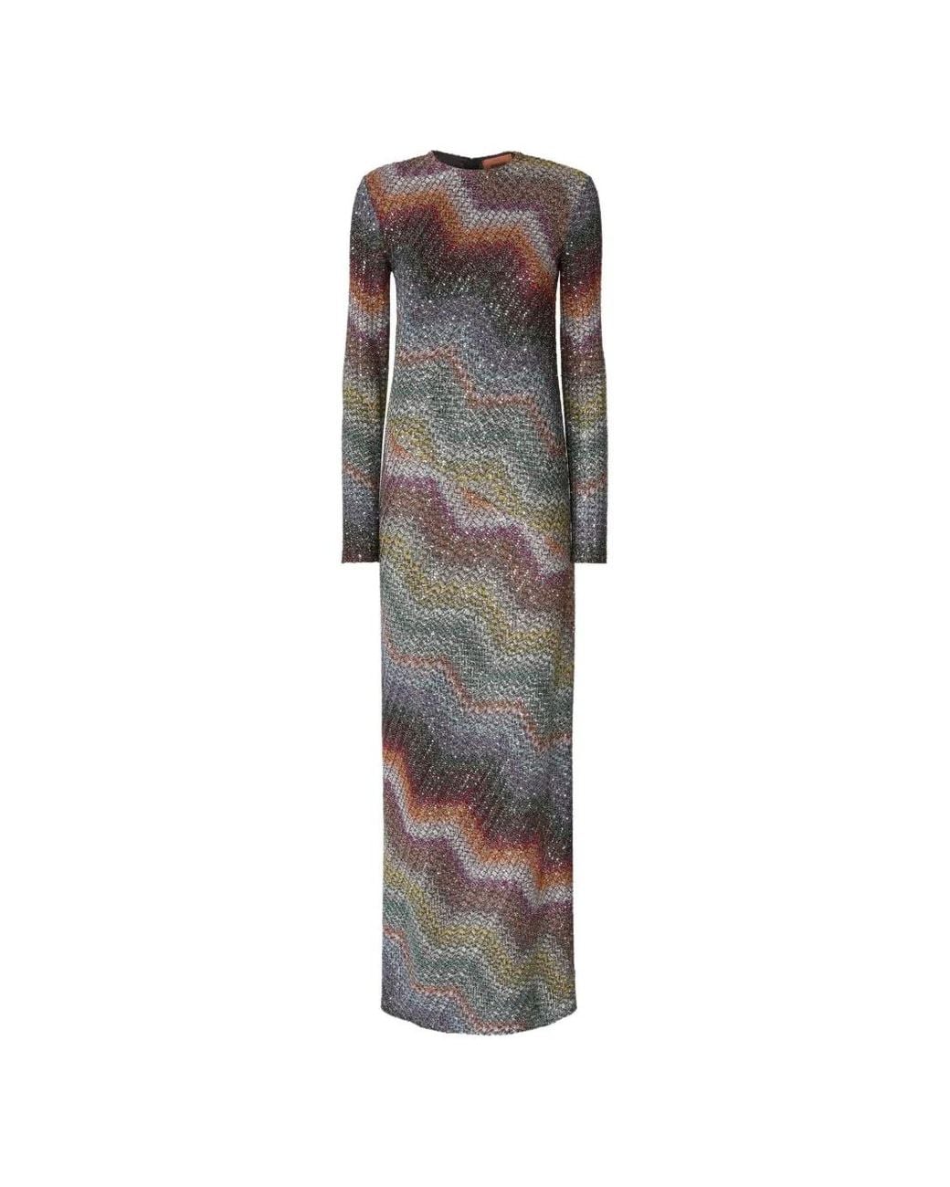 Missoni Gray Zigzag-Pattern Long-Sleeved Maxi Dress