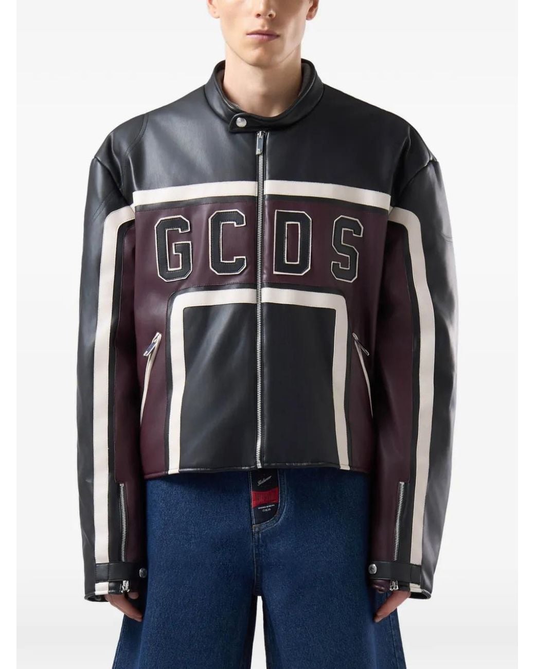 Gcds Black Logo-Patch Panelled Biker Jacket for men