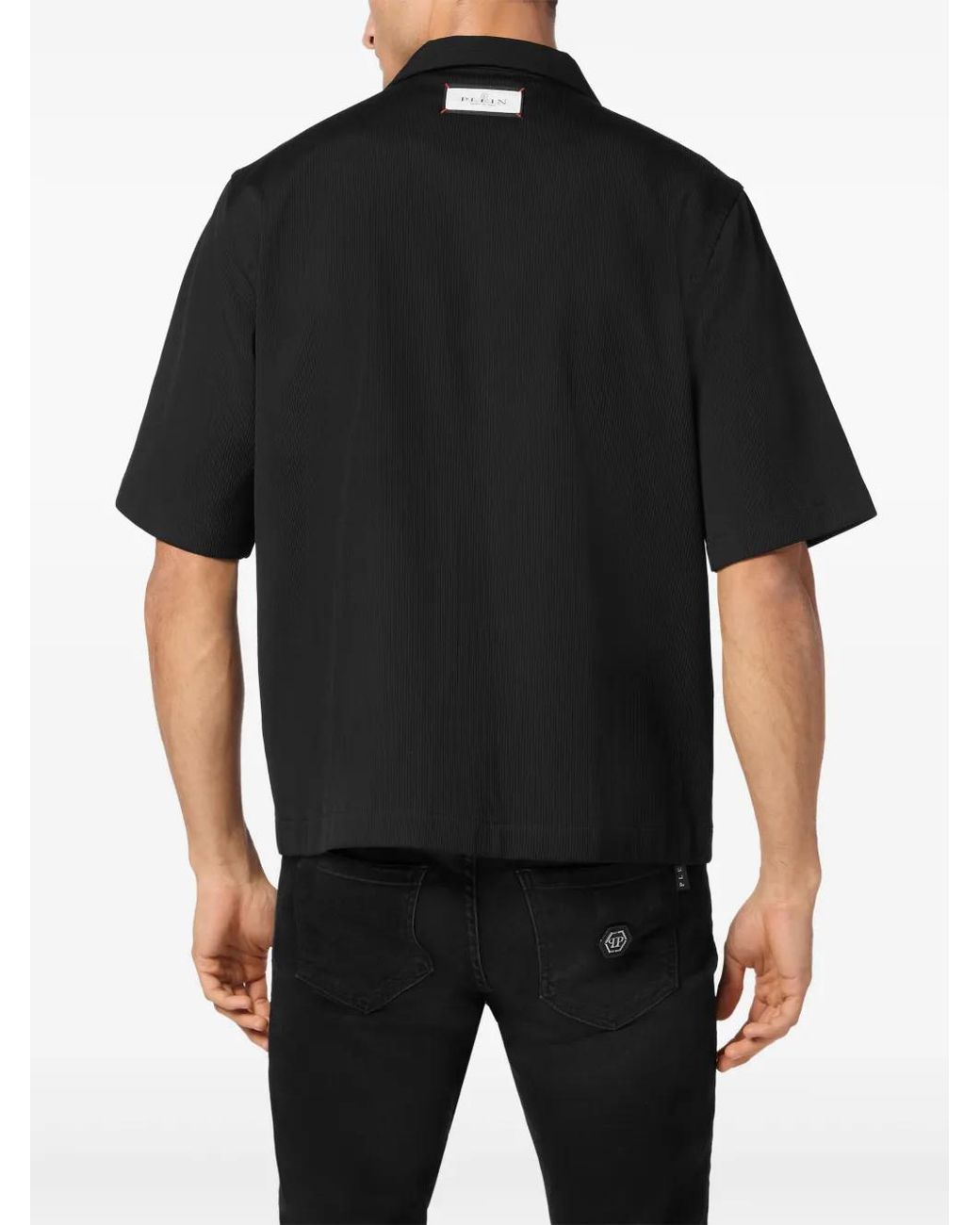Philipp Plein Black Ribbed Bowling Shirt for men