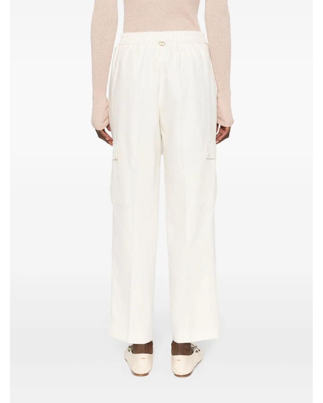 Twinset White Logo-Plaque Twill Trousers