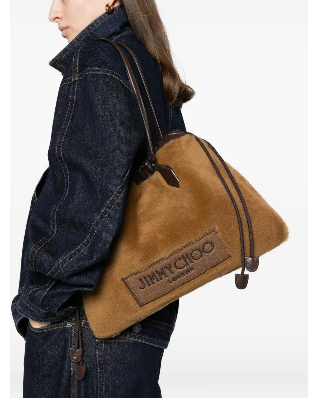 Jimmy Choo Brown Drawstring Shearling Tote Bag