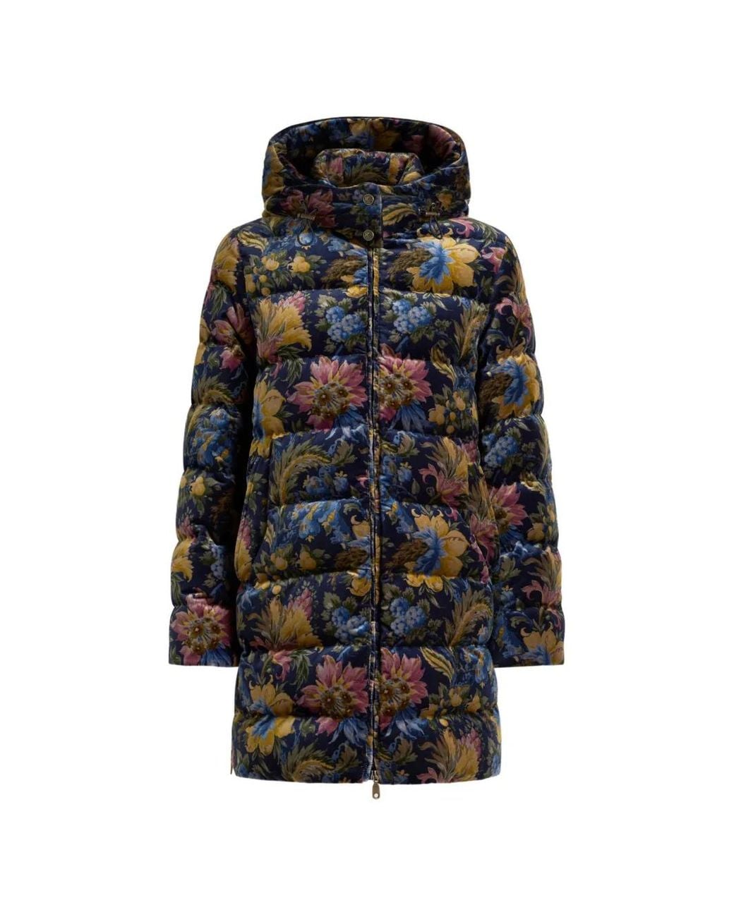 Etro Black Cotton Velvet Down Jacket With Hood And Floral Overprint