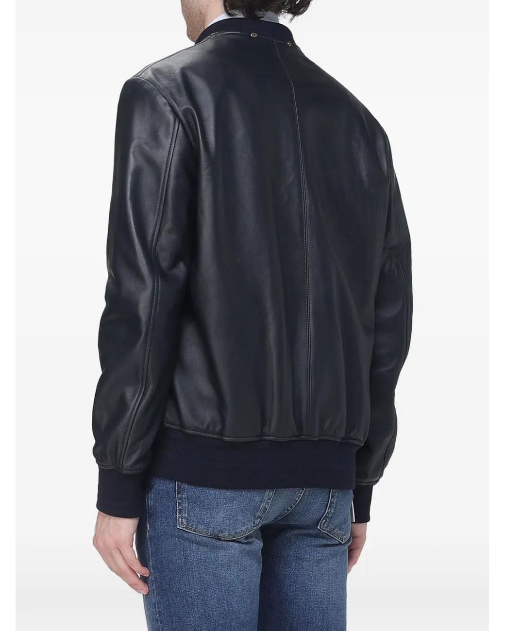 Paul Smith Blue Zip-Up Leather Bomber Jacket for men