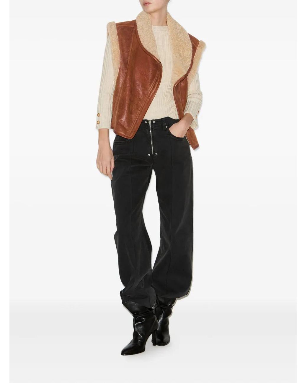 Isabel Marant Brown Cropped Leather Jacket With Plush Shearling Detailing
