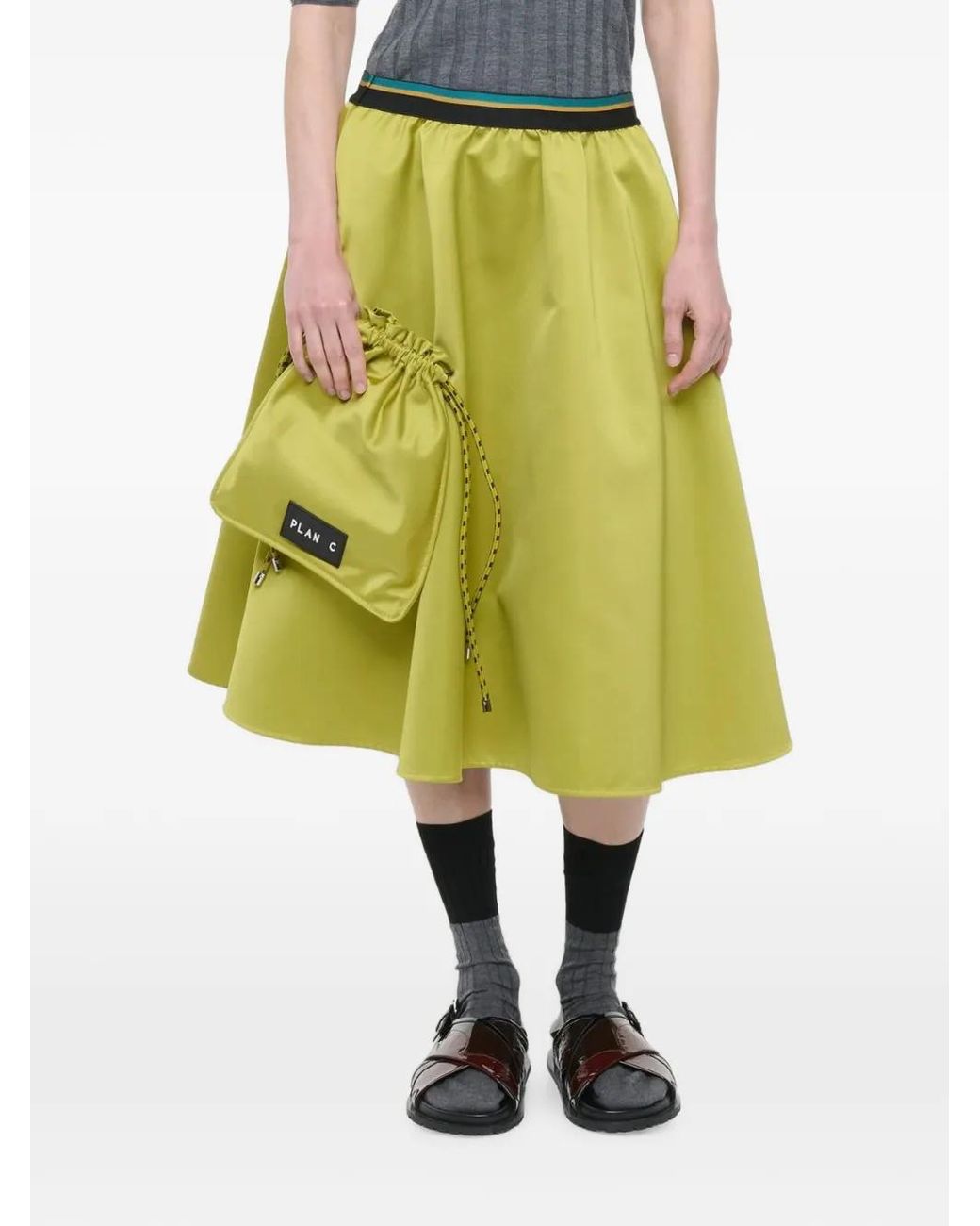Plan C Green Citron Duchesse Striped-Waistband Flared Midi Skirt