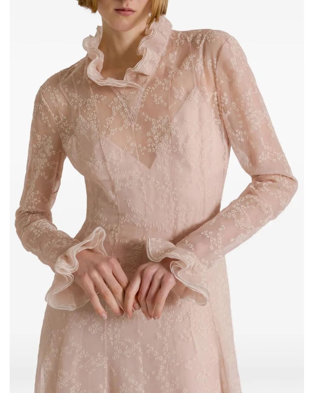 Alberta Ferretti White Ruffled Floral-Pattern Dress