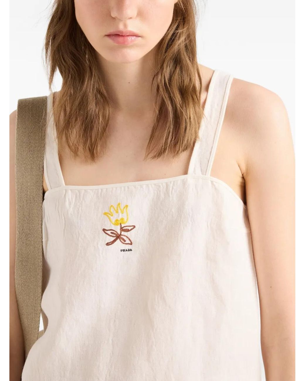 Prada White Embroidered Slubbed Fabric Mini-Dress