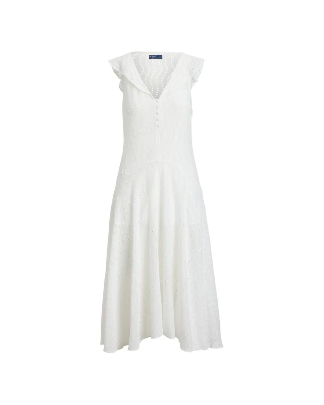 Polo Ralph Lauren White Ruffled V-Neck Midi Dress