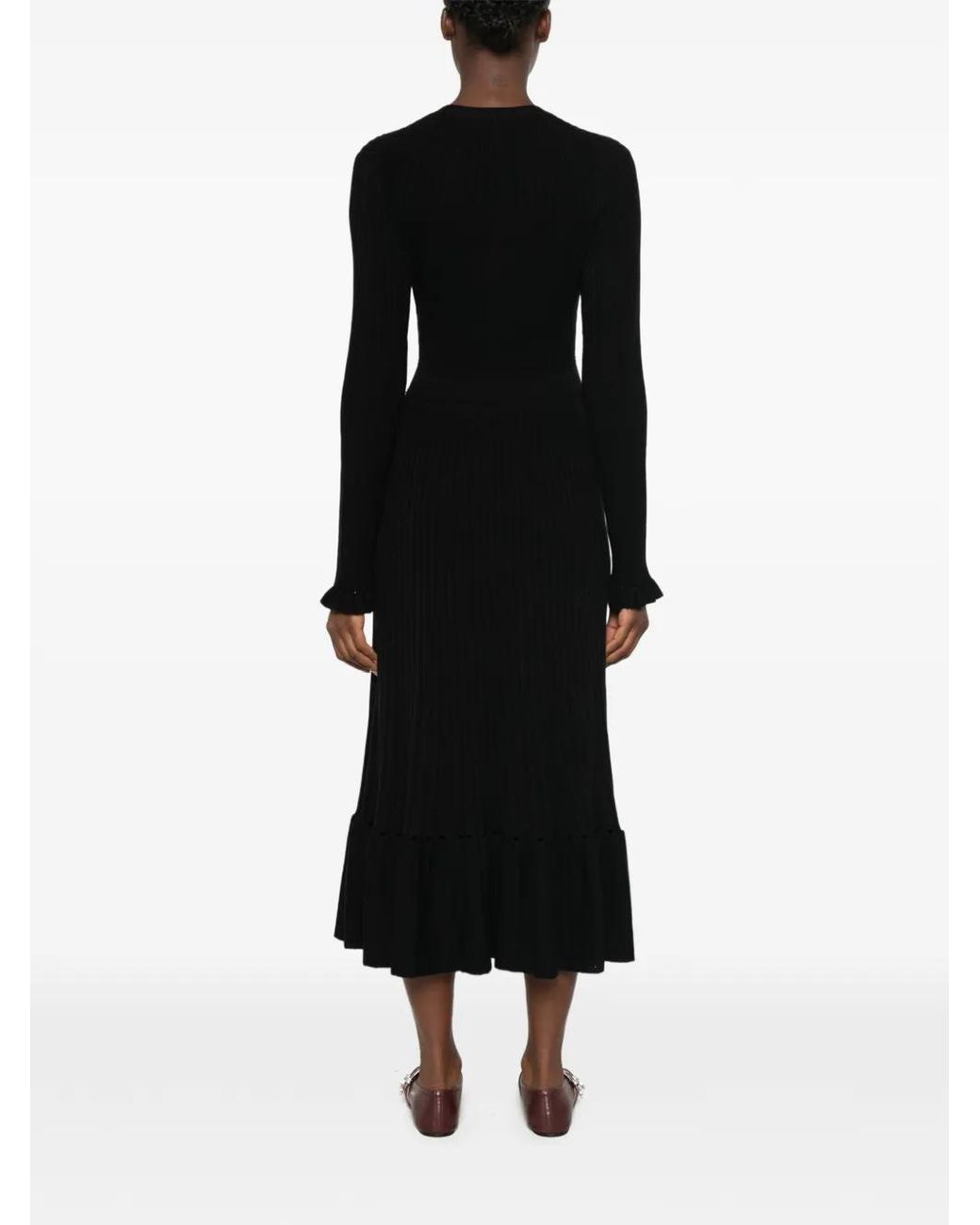 Maje Black Robe Mi-Longue En Maille Côtelée À Volants