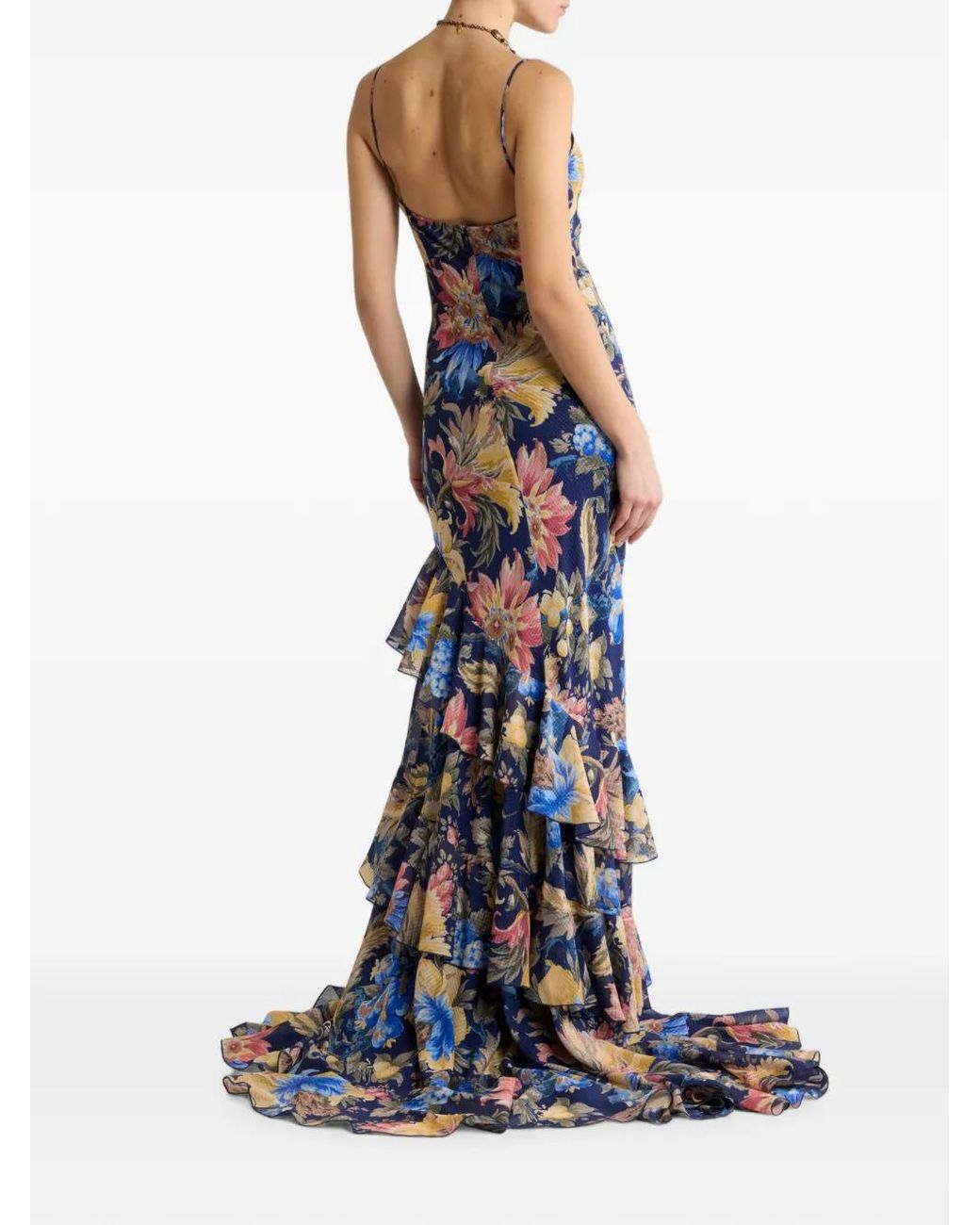 Etro White Long Seersucker Dress With Ruffles And Floral Motif